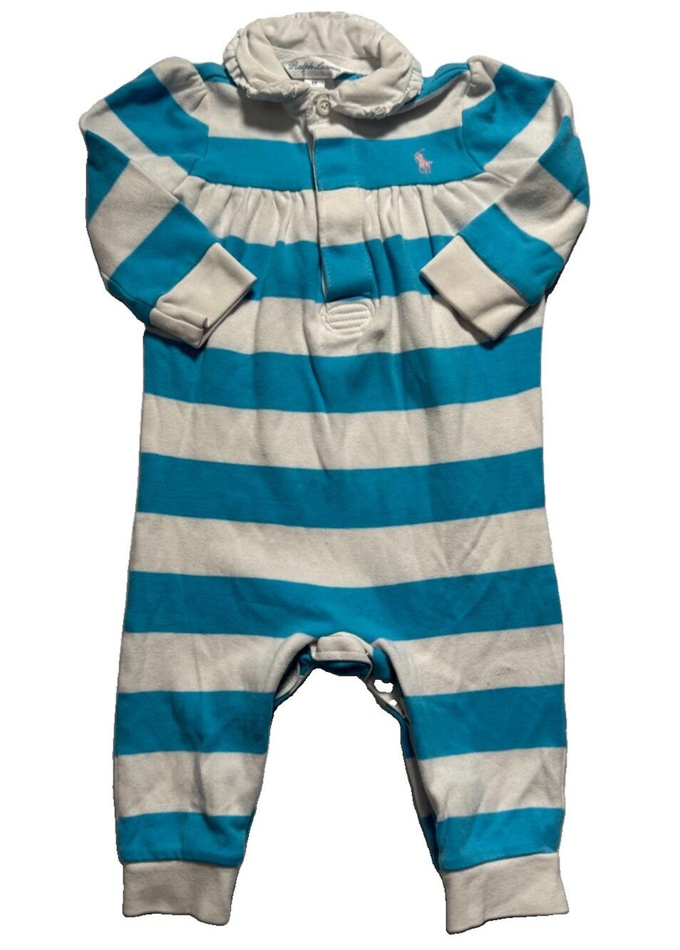 Ralph Lauren Baby 6M Blue White Striped Footless Romper Ruffle Collar Pony